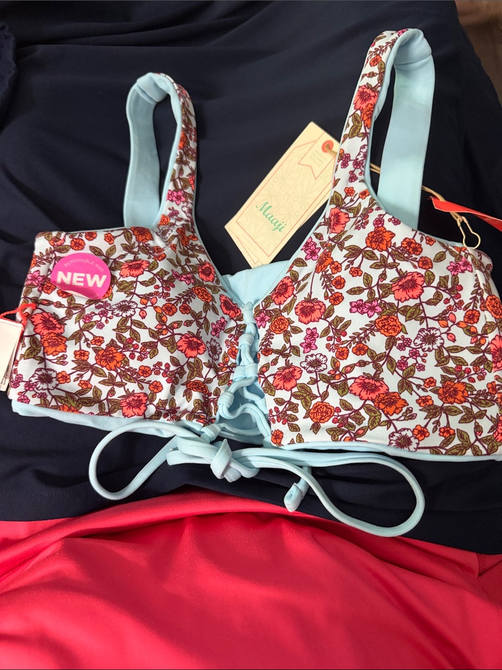 NWT Maaji Floral Lace-Up Bikini top in Light Blue and Coral